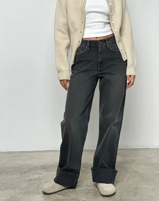 Mid Rise Turn Up Straight Jeans in Washed Black Grey sold by Motel Rocks