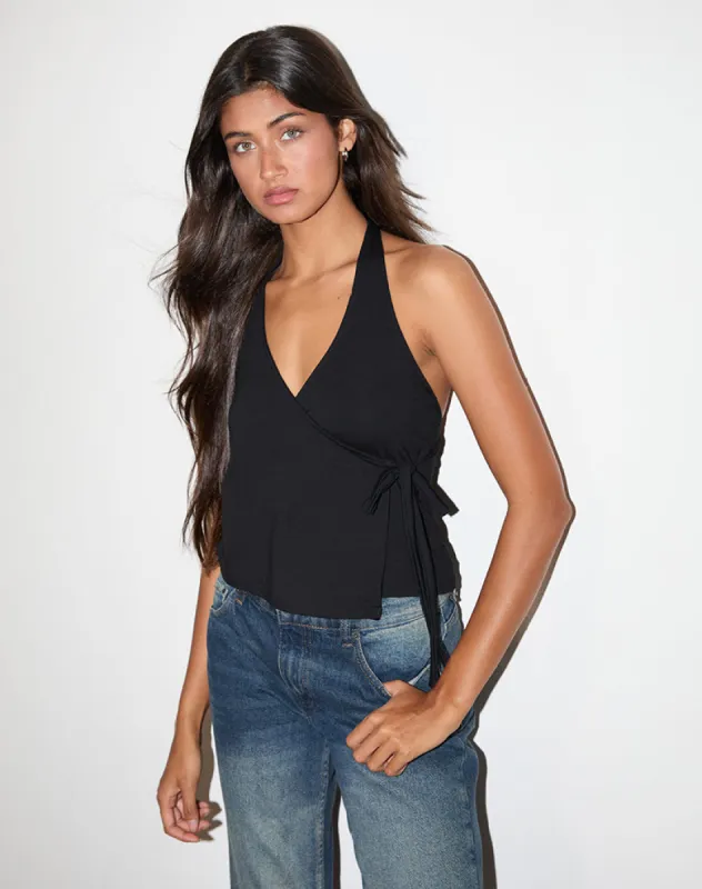 Wisty Halter Neck Wrap Top in Jersey Black sold by Motel Rocks