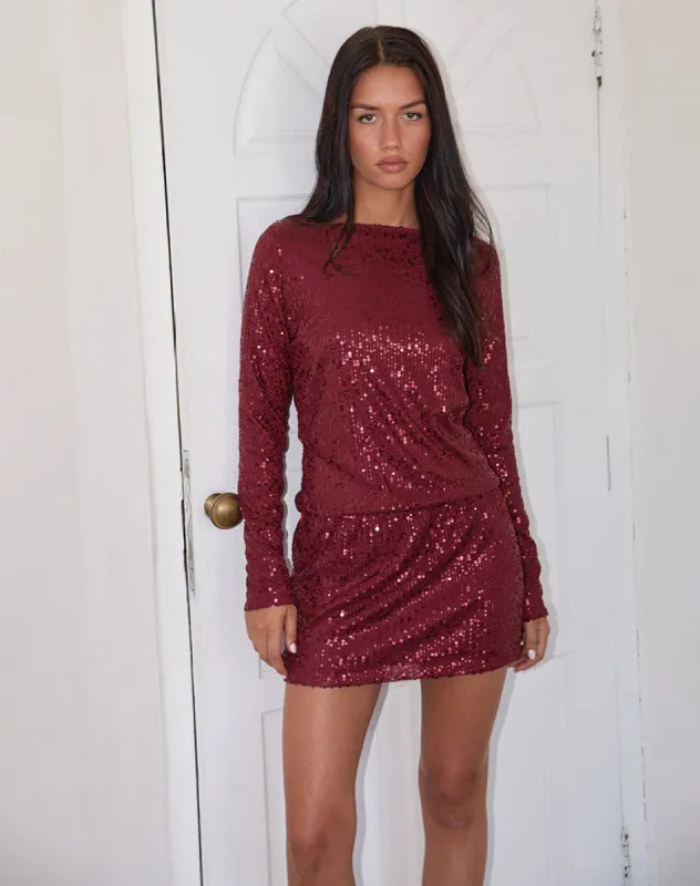 Jasilia Long Sleeve Mini Dress in Gauzy Sequin Red sold by Motel Rocks