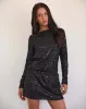Jasilia Long Sleeve Mini Dress in Gauzy Sequin Black sold by Motel Rocks