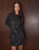 Jasilia Long Sleeve Mini Dress in Gauzy Sequin Black sold by Motel Rocks