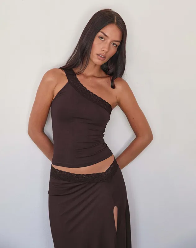 Cordia One Shoulder Top in Bitter Chocolate sold by Motel Rocks
