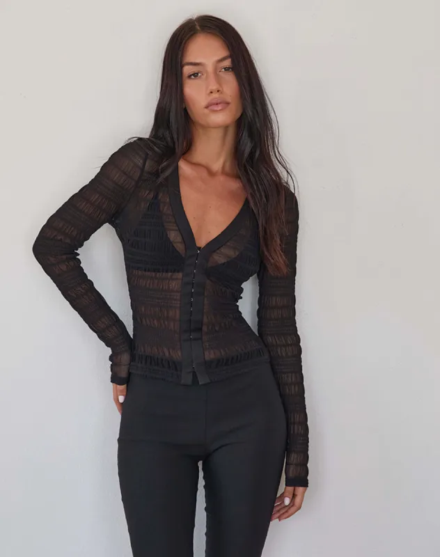 Jichan Ruched Long Sleeve Top in Mesh Black made by Motel Rocks