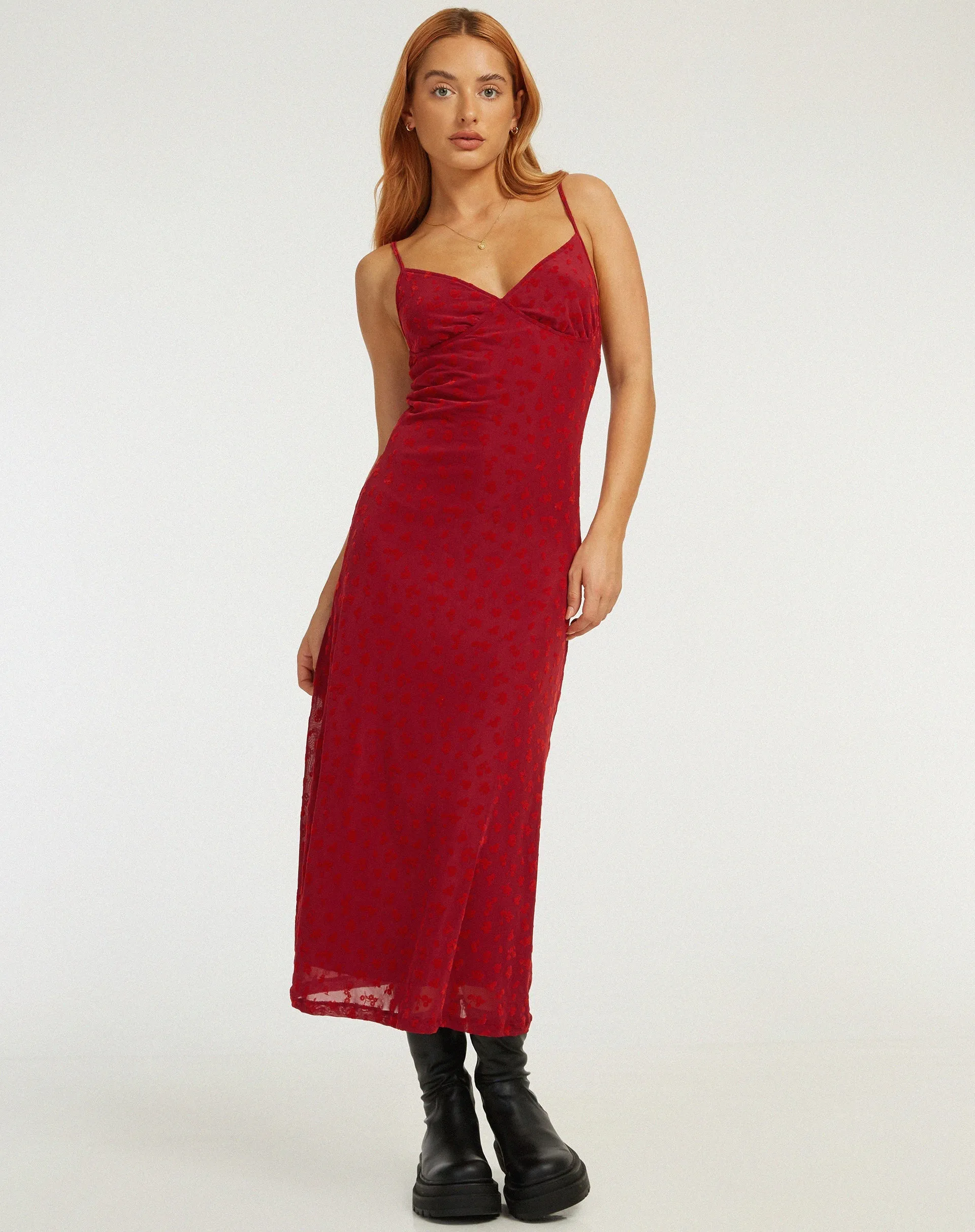 Kalana Midi Dress in Red Flock Mesh sold by Motel Rocks