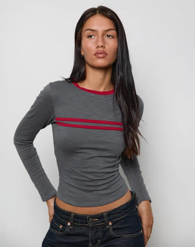 Bonjita Long Sleeve Top in Storm Grey with Adrenaline Red Binding sold by Motel Rocks