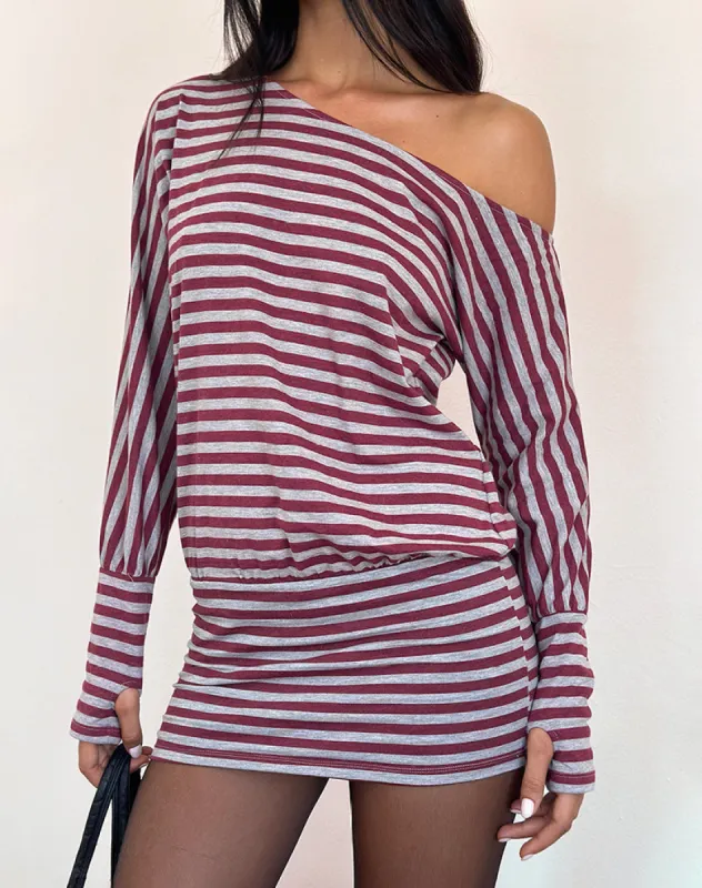 Zylina Mini Dress in Burgundy and Grey Classic Stripe sold by Motel Rocks