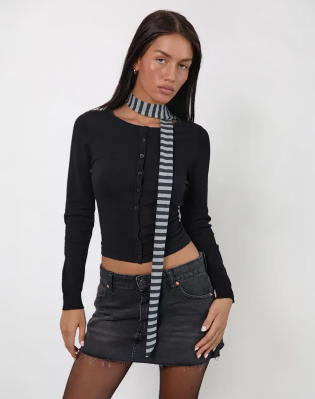 Skinny Scarf in Grey and Black Stripe sold by Motel Rocks