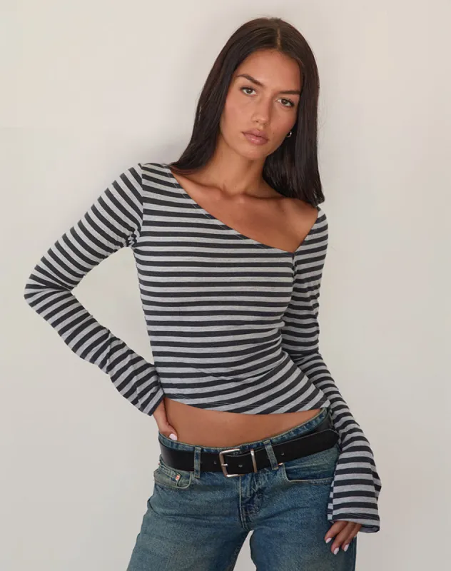 Dalene Asymetric Long Sleeve Top in Grey and Black Stripe sold by Motel Rocks