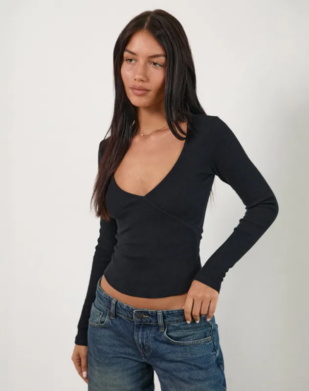 Dulcet Ribbed Plunge Long Sleeve Top in Black made by Motel Rocks