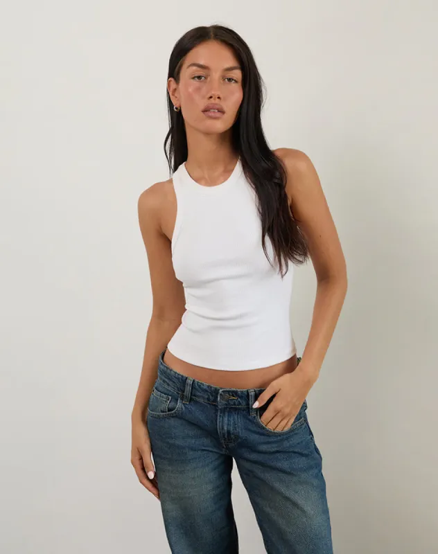 Cariter Racer Vest Top in Ribbed White sold by Motel Rocks