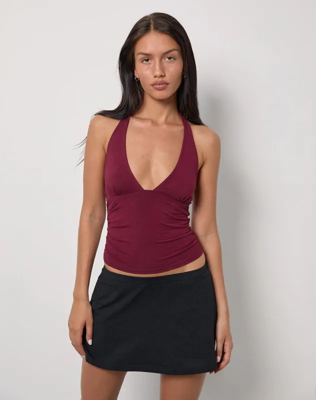 Cosmo Halterneck Top in Jersey Burgundy sold by Motel Rocks