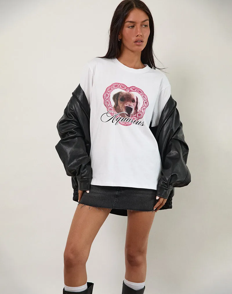 Oversized Basic Tee in White with Aquarius Dog Graphic sold by Motel Rocks
