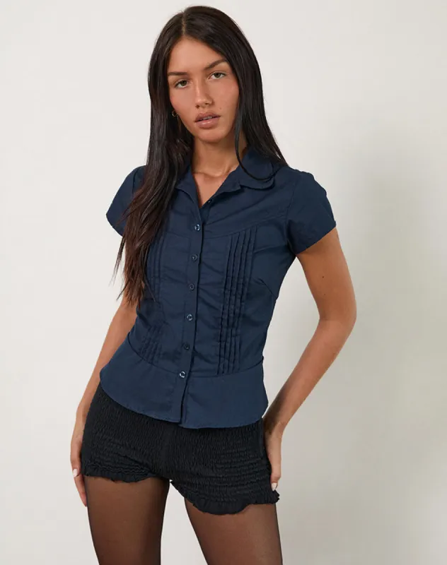 Wilmot Blouse in Navy Poplin sold by Motel Rocks