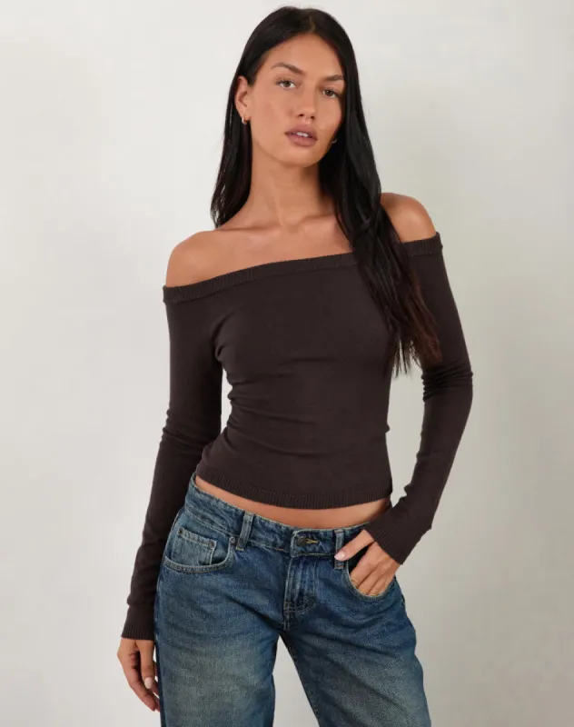 Renie Bardot Top in Dark Brown Knit sold by Motel Rocks