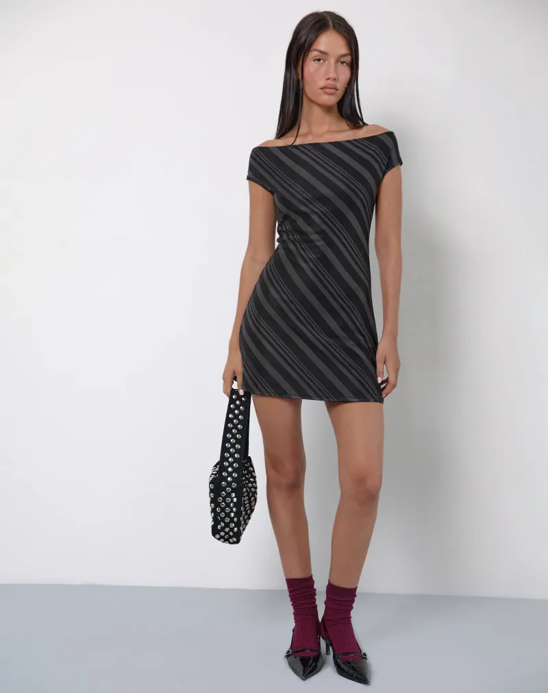 Hari Mini Dress in Irregular Stripe Grey Black sold by Motel Rocks