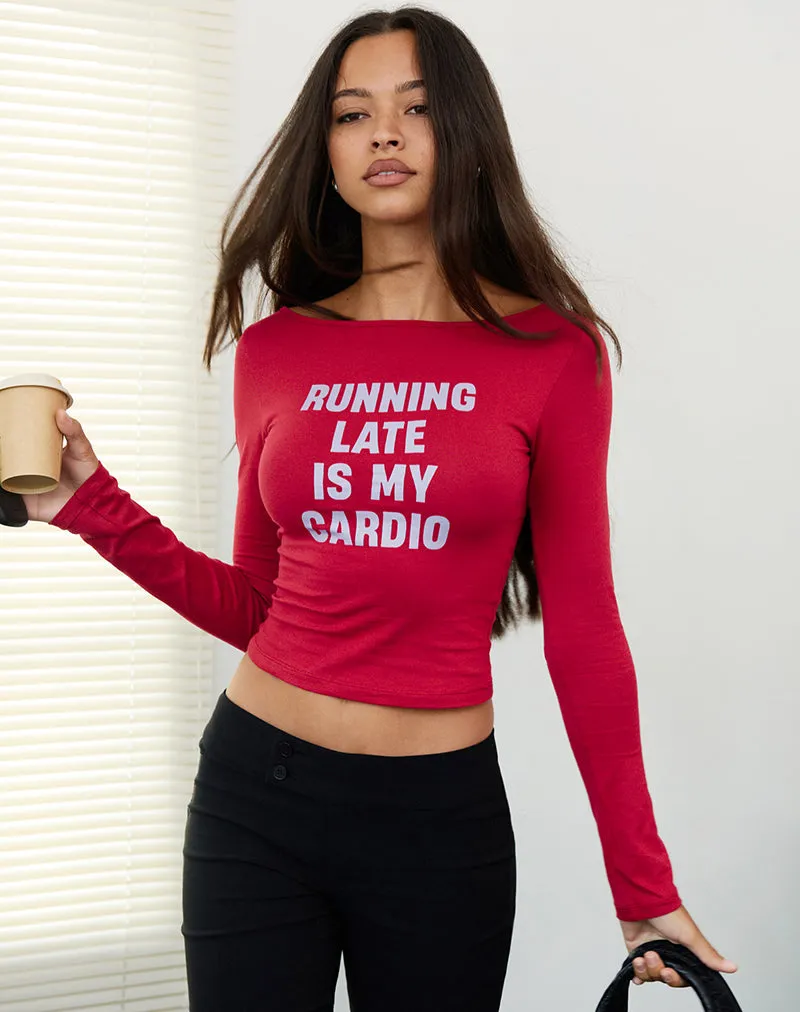Amabon Long Sleeve Top in Adrenaline Red with Running Late Slogan sold by Motel Rocks