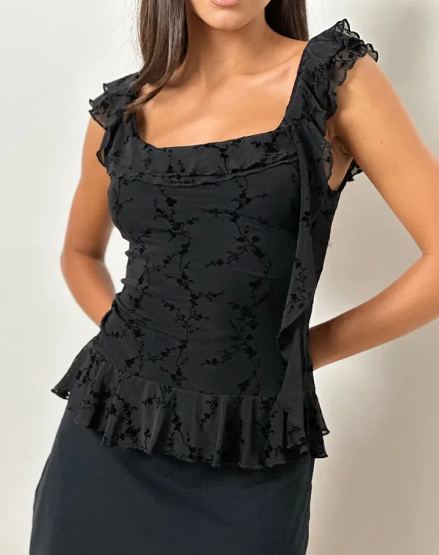 Piroli Top in Vine Flower Black sold by Motel Rocks