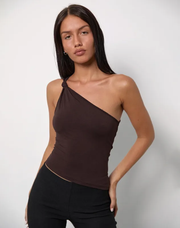 Idra Asymmetric Top in Jersey Bitter Chocolate sold by Motel Rocks