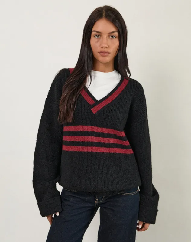 Knitza Jumper in Black with Red Stripes sold by Motel Rocks