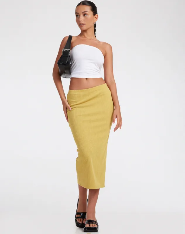 Magata Midi Skirt in Jersey Plise Mustard sold by Motel Rocks