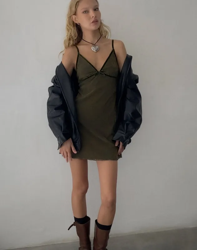 Mevila Mini Dress in Abstract Botanic Dark Olive sold by Motel Rocks