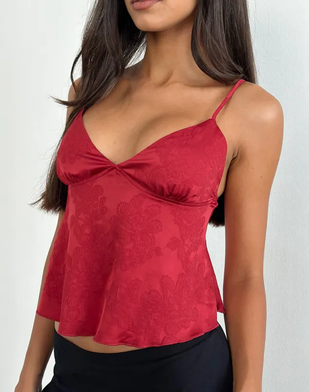 Marinda Top in Satin Jacquard Burgundy sold by Motel Rocks