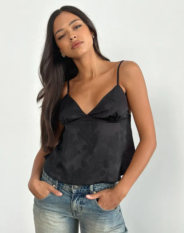 Marinda Top in Satin Jacquard Black sold by Motel Rocks