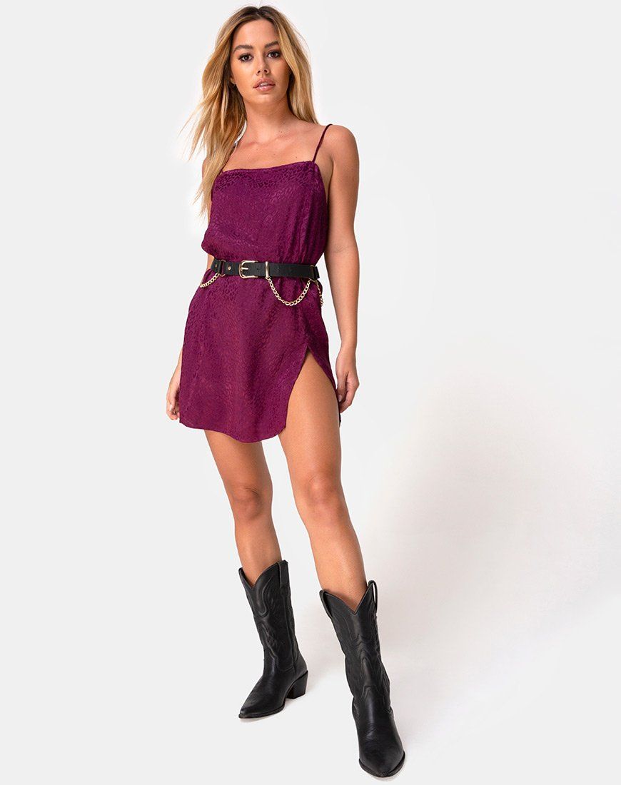 Datista Slip Dress in Satin Cheetah Grape sold by Motel Rocks product image thumbnail 3