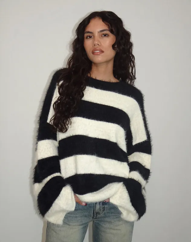 Daya Fluffy Jumper in Ivory and Black Stripe made by Motel Rocks