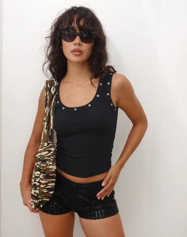Dax Eyelet Ribbed Vest Top in Black sold by Motel Rocks