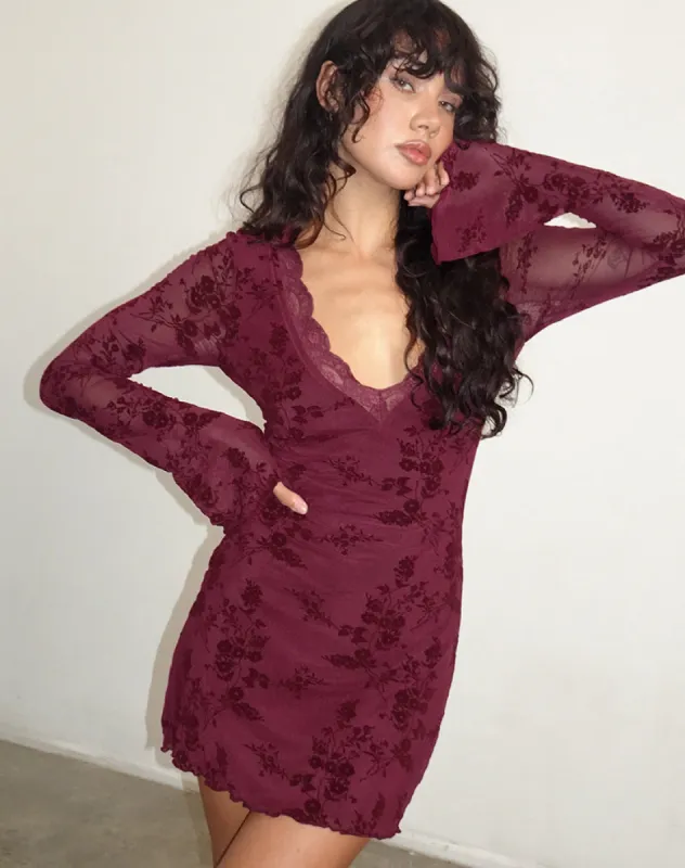 Sriti Mini Dress in Botanical Flower Maroon sold by Motel Rocks