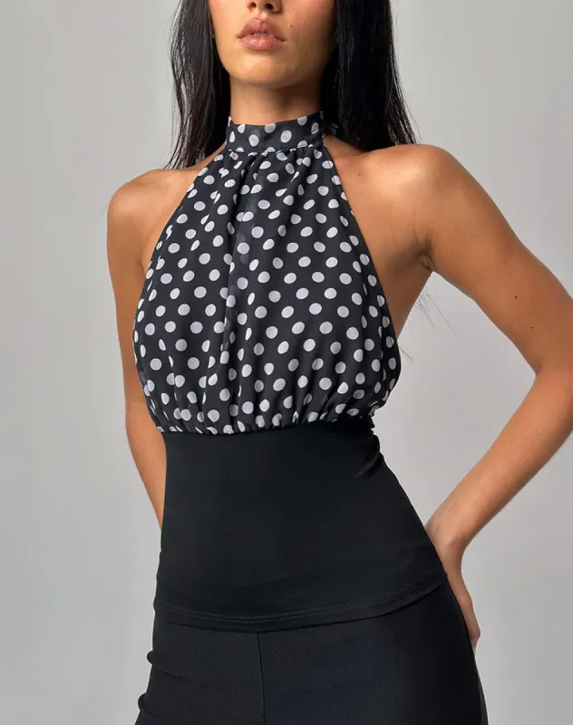 Rania Backless Top in Basic Polka Black sold by Motel Rocks
