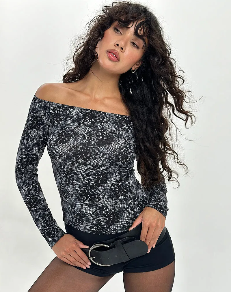 Lutana Bardot Long Sleeve Top in Midnight Floral Grey sold by Motel Rocks product image thumbnail 2