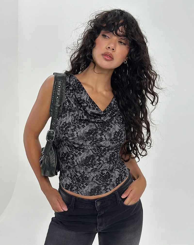 Lizette Cowl Neck Top in Midnight Floral Grey sold by Motel Rocks