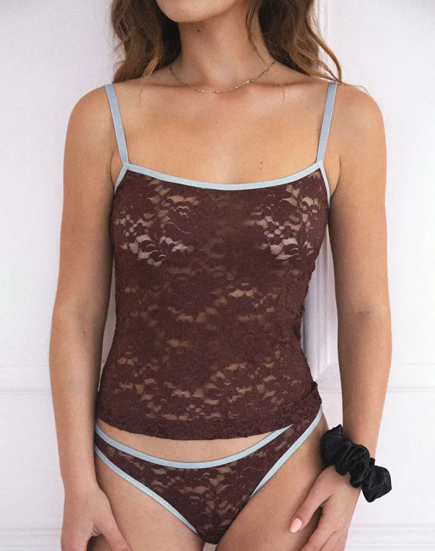 Redum Cami Top in Chocolate Lace with Blue Binding sold by Motel Rocks