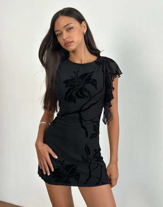 Salya Mini Dress in Orchids Flock Black sold by Motel Rocks