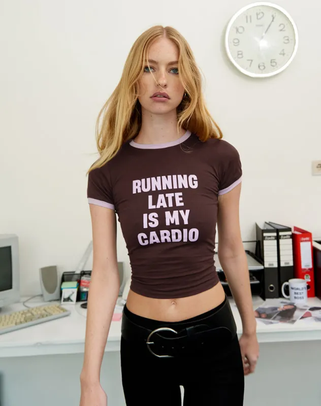 Rinea Tee Top in Bitter Chocolate with Violet Binding and Running Late Slogan sold by Motel Rocks