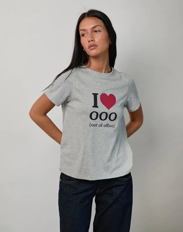 Saki Tee in Grey Marl with I Love OOO Graphic sold by Motel Rocks