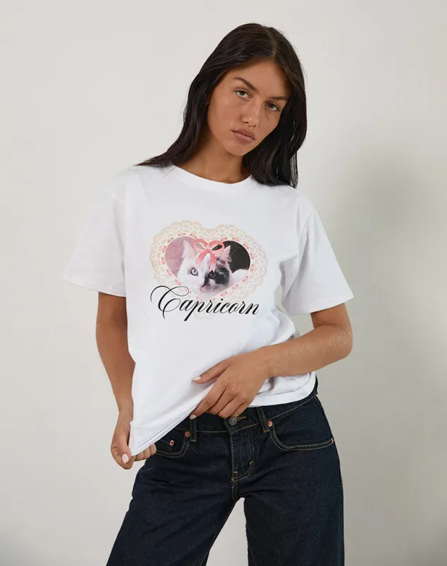 Oversize Basic Tee in White with Capricorn Motel Pet Print sold by Motel Rocks