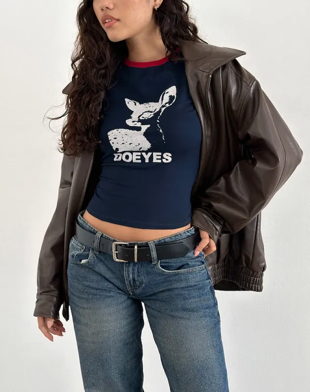 Sutin Tee in Navy with Red Binding and Doeyes Graphic sold by Motel Rocks