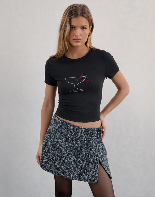 Sutin Baby Tee in Black with Cocktail Glass Hotfix sold by Motel Rocks