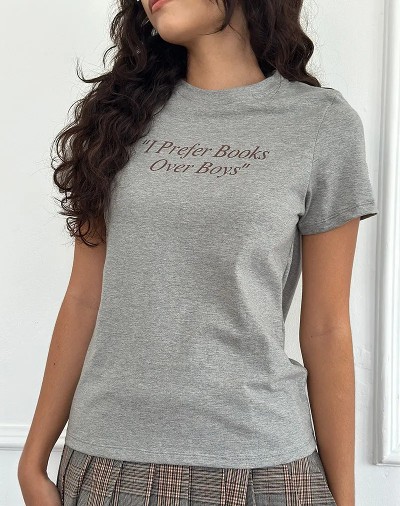 Saki Tee in Grey Marl with I Prefer Books Over Boys Slogan sold by Motel Rocks product image thumbnail 2