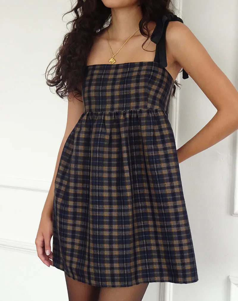 Mikayla Square Neck Mini Dress in Navy and Mustard Check sold by Motel Rocks product image thumbnail 2