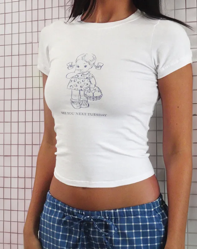 Sutin Tee in White with See You Next Tuesday Slogan sold by Motel Rocks