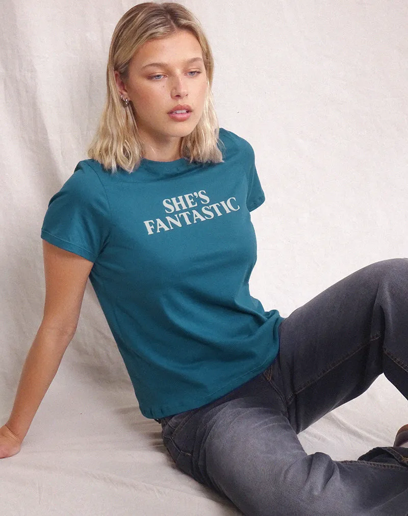 Saki Tee in Mediterranean Blue with She's Fantastic Slogan sold by Motel Rocks product image thumbnail 5