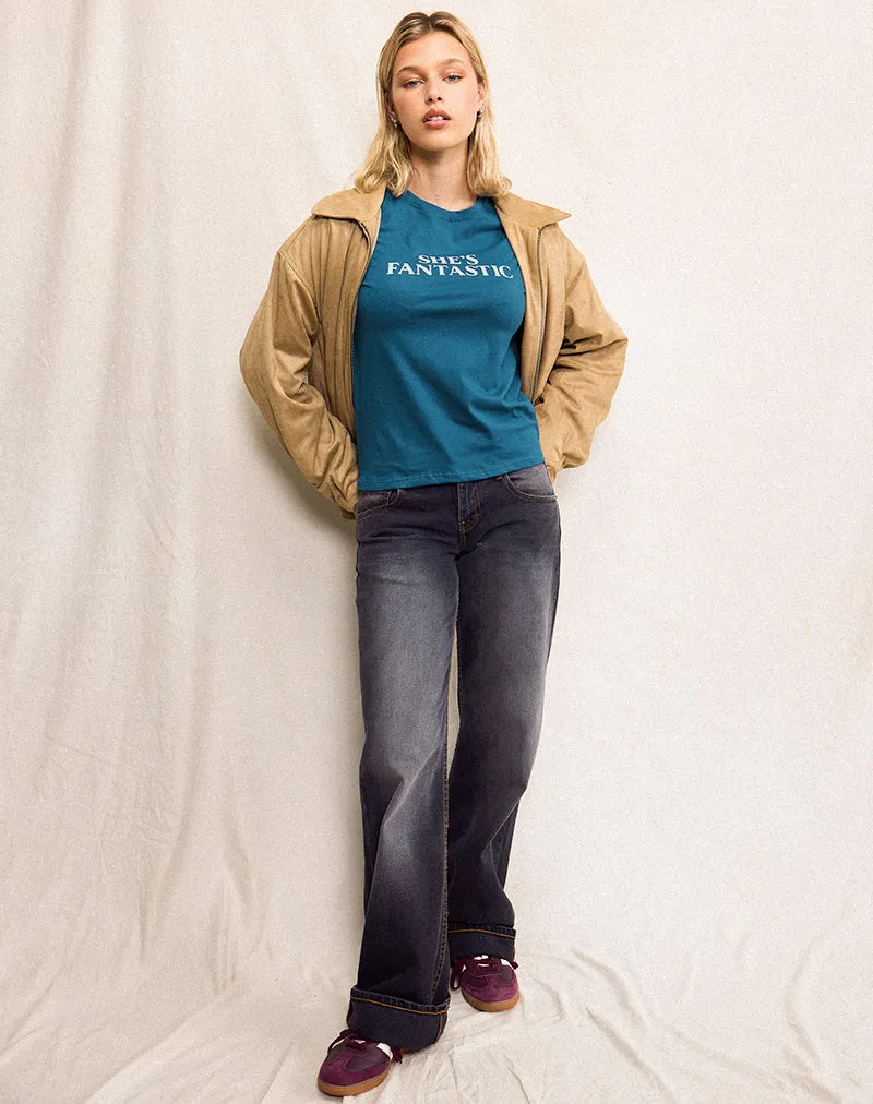 Saki Tee in Mediterranean Blue with She's Fantastic Slogan sold by Motel Rocks product image thumbnail 4