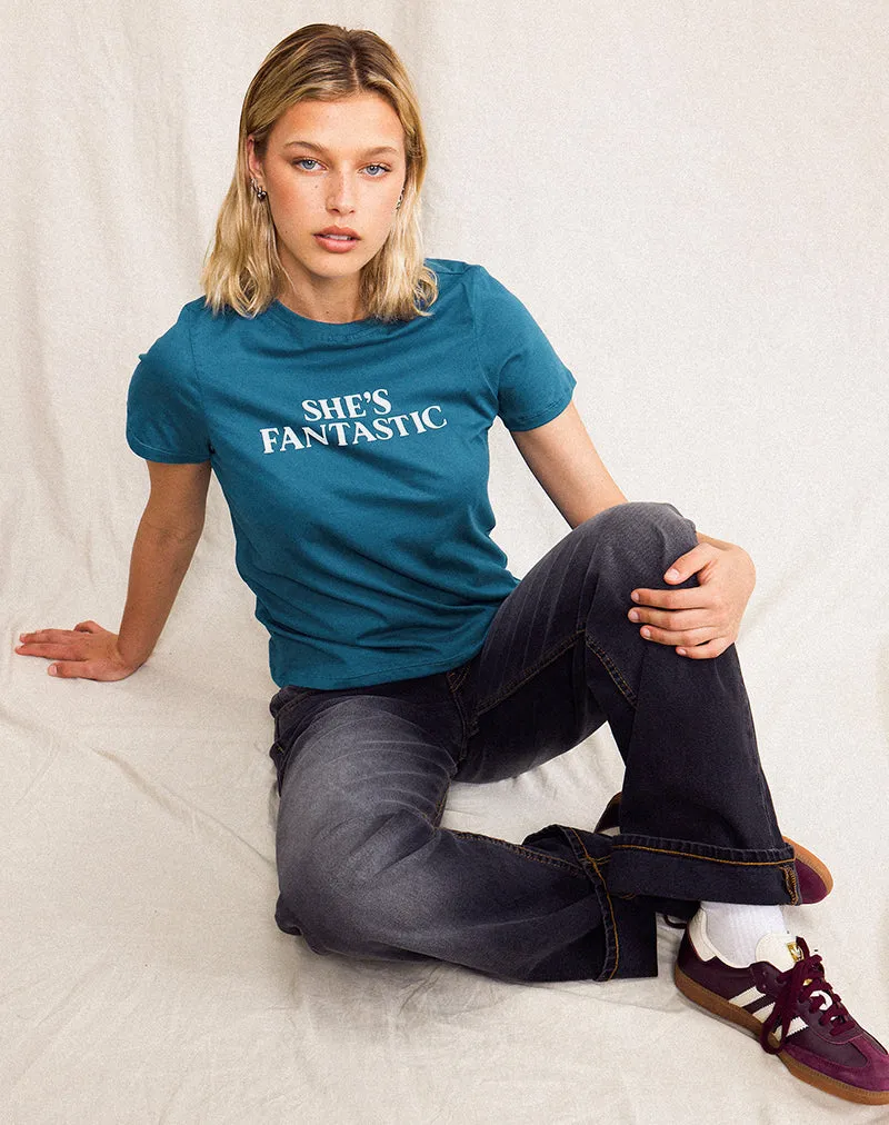 Saki Tee in Mediterranean Blue with She's Fantastic Slogan sold by Motel Rocks product image thumbnail 2