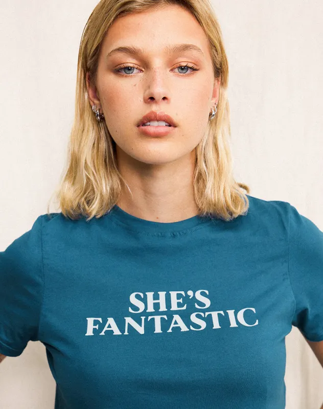 Saki Tee in Mediterranean Blue with She's Fantastic Slogan sold by Motel Rocks