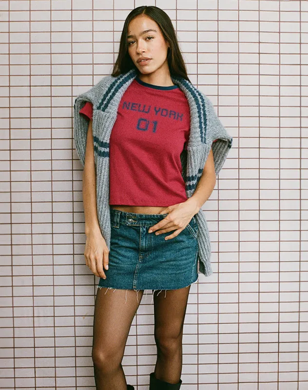 Sakha Boxy Top in Adrenaline Red with Blue New York Print made by Motel Rocks