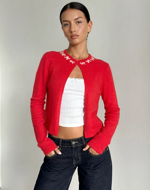 Wunara Cardigan in Red with Pink Bows sold by Motel Rocks